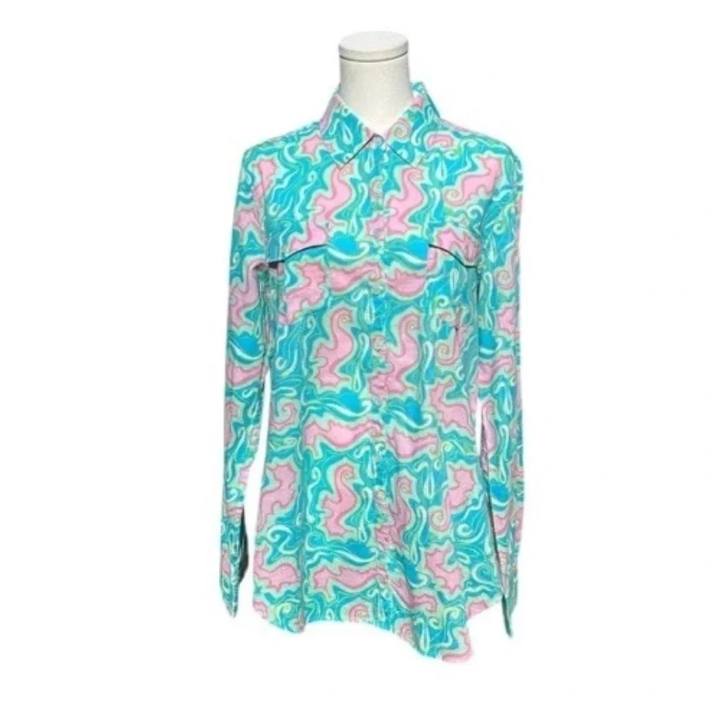 Lilly Pulitzer Resort fit button down 100% Cotton Seahorse Preppy Pink Green M